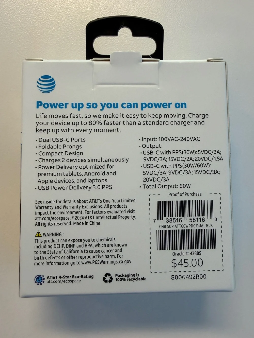 AT&T Dual USB-C 60W Fast Charge Wall Charger NEW IN BOX